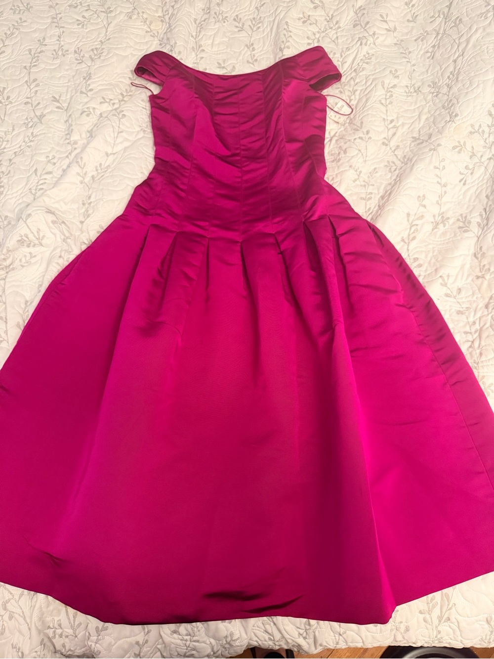Neiman Marcus Fuchsia Off-Shoulder Pleated Midi Dress